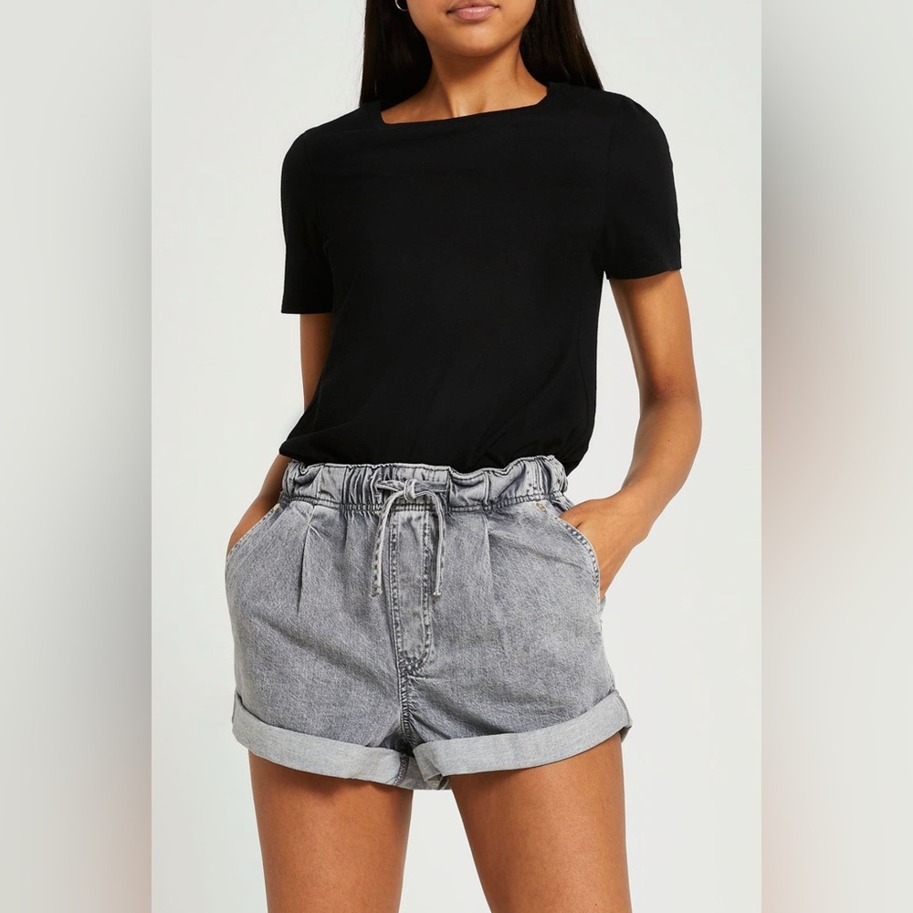 River Island Grey Denim Paperbag Waist Jean Shorts